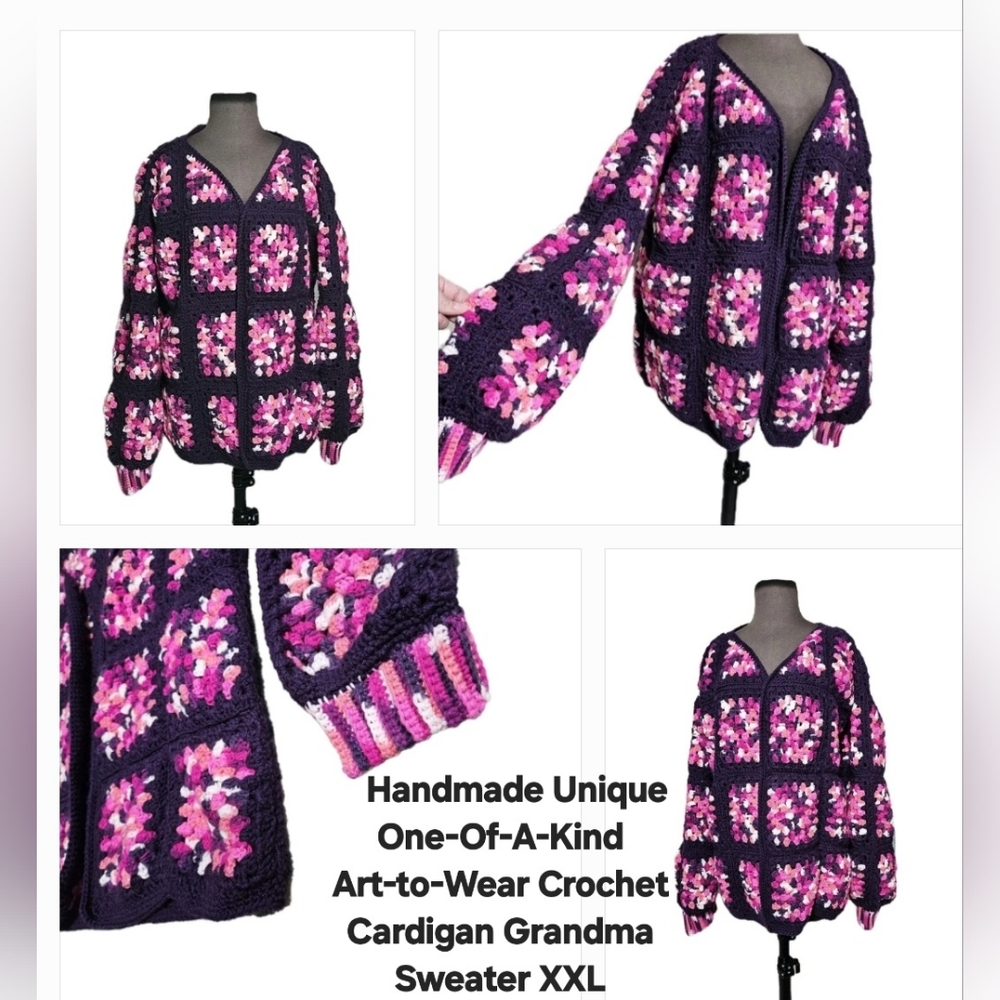 Handmade Unique One-Of-A-Kind Art-to-Wear Crochet Cardigan Grandma Sweater XXL